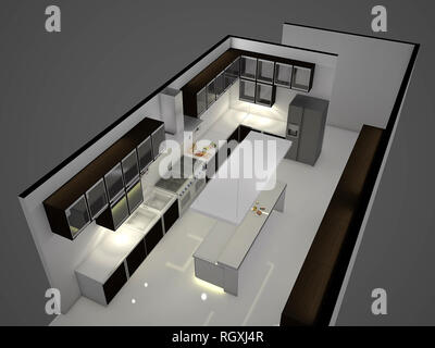 Cuisine moderne blanc pur avec le centre nook. Le rendu 3D. Banque D'Images