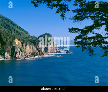 USA, Ohio, Oswald West State Park, vue vers le sud depuis près de Cap Falcon vers berges rocheuses et boisées de la montagne de Neahkahnie. Banque D'Images