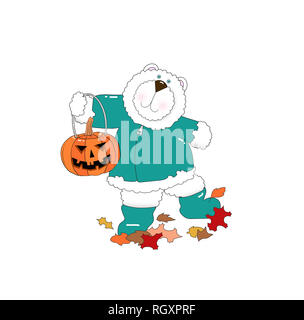 Illustration d'un mignon petit ours polaire portant des vêtements et la tenue d'un jack-o-lanterne sur un fond blanc Banque D'Images