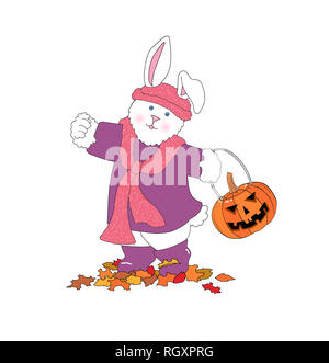 Illustration d'un mignon petit lapin blanc portant des vêtements et la tenue d'un jack-o-lanterne sur un fond blanc Banque D'Images