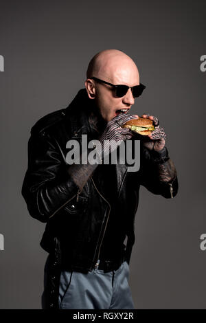 Chauve élégant tattooed man en blouson de cuir et lunettes eating hamburger isolé sur gray Banque D'Images