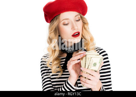 Belle femme française comptant billets dollar isolated on white Banque D'Images