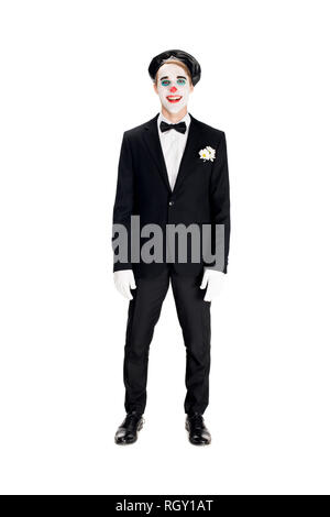 Clown joyeux en béret noir et costume smiling isolated on white Banque D'Images