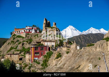 Vue sur le monastère du village avec les ruines de l'ancien fort, le sommet enneigé du mont. Dhaulagiri dans la distance Banque D'Images