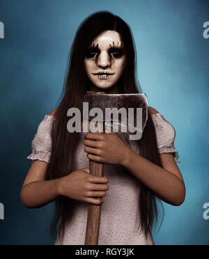 Soeur de clown,Portrait of a killer clown femme avec hatchet, 3D Rendering Banque D'Images
