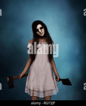 Soeur de l'horreur,Portrait de femme avec tueur une hache et Cleaver, 3D Rendering Banque D'Images