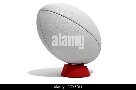 Un fond blanc texturé ballon de rugby sur un tee sur un fond blanc isolé - 3D render Banque D'Images