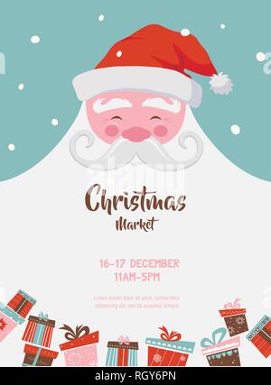 L'affiche du marché de Noël avec le père noël et cadeaux. vector illustration. carte avec une place pour votre texte. Illustration de Vecteur