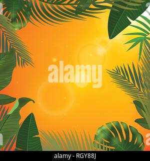 L'été Web bannière. Feuilles de palmier vert sur fond jaune modèle ensoleillée. Vector illustration résumé de l'été. Image réaliste paradis tropical pour Illustration de Vecteur