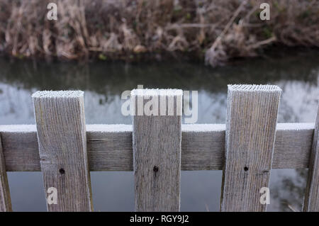 Matin givre sur un jardin clôture par la rivière dans le Wiltshire. UK. 2019 Banque D'Images