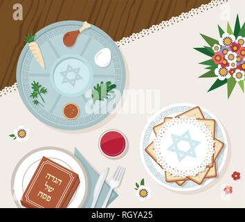 Pâque Pâque traditionnelle table pour dîner avec plaque de pâque. vector illustration template Illustration de Vecteur