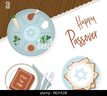 Pâque Pâque traditionnelle table pour dîner avec plaque de pâque. vector illustration template Illustration de Vecteur