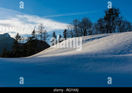 Dernier soleil sur un névé en Bayrisch Gmain, Bavière, Allemagne Banque D'Images