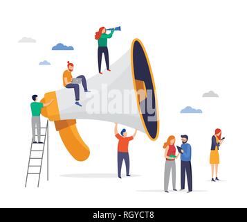 Grand porte-voix avec un petit peuple, d'équipe. Attention, la promotion de l'entreprise, de la publicité, d'alerte en ligne. Vector illustration style plat. Illustration de Vecteur