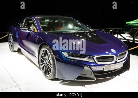 Bruxelles - Jan 18, 2019 : BMW i8 Coupé voiture de sport électrique présenté à la 97ème Salon Automobile de Bruxelles 2019 Autosalon. Banque D'Images