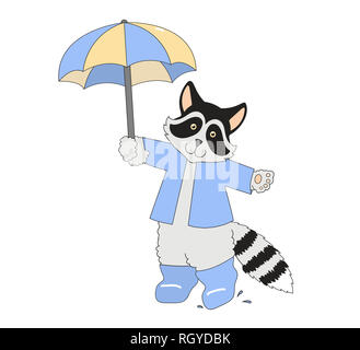 Illustration d'un mignon raton laveur portant des vêtements bleu et tenant un parapluie, de s'éclabousser dans la pluie sur un fond blanc Banque D'Images