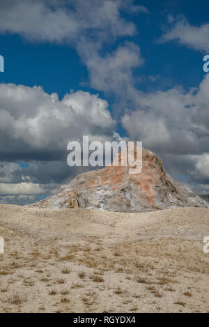 Vertical image de la vapeur s'élevant du fond de White Dome Geyser de fusionner avec les nuages dans le Parc National de Yellowstone Banque D'Images