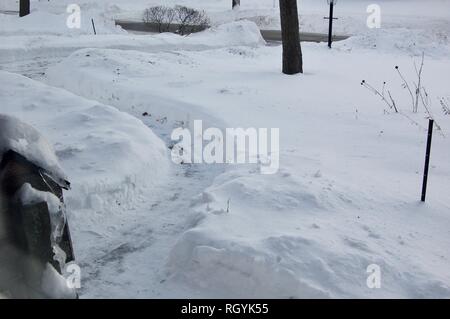 Cour couverte de neige avec chemin pelleté pour livraison de personnes après une tempête Banque D'Images