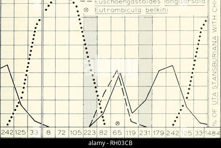 . Bulletin. La science ; natural history ; histoire naturelle. 1973 CHIGCERS LES LÉZARDS de soi l'l Hi l&Lt ; FABRIQUÉES MAIN E JE Salut OCT NOV DÉC FÉV MARS AVR MAI JUIN JUIL AOÛT SEPT OCT NOV DÉC Q LlI ID i  % 100 90 80 70 60 50 40 30 20 10 0 • ••• Neotrombicula harperi Odontacarus Euschoengastoides longitarsala• * arizonensis Eutrombicula belkini. PINYON (4200-5600 pieds) Figure 3. La présence saisonnière et l'abondance des quatre espèces d'Uta sur aoûtats stans- buriana dans l'usine de courroie Pinyon Joshua Tree National Monument (1959-1966). La présence de larves sur les lézards a été calculée par mois. Avril et Août Banque D'Images