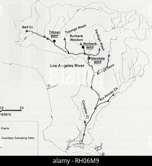 . Bulletin. La science. La QUALITÉ DE L'EAU DE LA LOS ANGELES RIVER 19. kilomètres #  Plantes Récupération de l'eau d'une rivière et d'Tnbutary Sites d'échantillonnage des limites des sites d'échantillonnage d'entrée o Fig. 1. Carte de la Los Angeles River watershed, répertorié les cours d'eau, et les points d'échantillonnage le long de la rivière, à la tête d'affluents, au point, et à des sources d'eaux pluviales des exutoires de la rivière. Procès des installations capables de décharge à la Los Angeles River, mais la grande majorité seulement tirer le ruissellement de surface pendant les orages. Contrairement à WRP ou les installations industrielles, il y a potentiellement des centaines d'émissaires de la L Banque D'Images