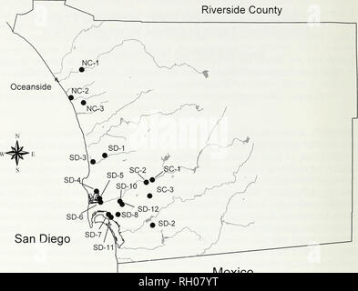 . Bulletin. La science. Le sud de l'Académie des Sciences de Californie dans le Comté de Riverside. Mexique San Diego 1020 Miles Fig. 1. Carte des plus grandes criques et rivières qui drainent les zones urbanisées du Comté de San Diego. Voir le tableau 1 pour la clé de stations de surveillance. Une partie du problème lié à l'absence de mesure et/ou de traiter les rejets non- est la variabilité des précipitations et de l'incapacité de contrôler exactement quand et dans quelle mesure le ruissellement est sur le point de se produire. Californie du sud reçoit entre 12 et 14 tempêtes par an. Le mois de l'année la plus humide sont Janvier et Février, mais significan Banque D'Images