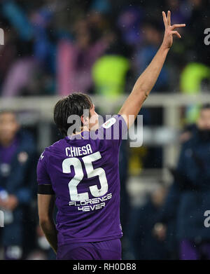 Florence, Italie. 30Th Jan, 2019. Federico Chiesa Fiorentina célèbre son but pendant la coupe d'Italie de football match quart de finale entre la Fiorentina et les Roms à Florence, Italie, le 30 janvier 2019. Credit : Alberto Lingria/Xinhua/Alamy Live News Banque D'Images