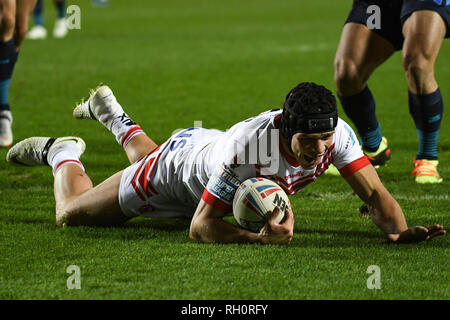 St Helens, Royaume-Uni. 31 janvier 2019 , TOTALEMENT méchants, stade St Helens, Angleterre ; Betfred Super League, ronde 1, St Helens vs Wigan Warriors, Jonny Lomax de St Helens marque le 2e Saints essayer Crédit : Nouvelles Images /Alamy Live News Banque D'Images