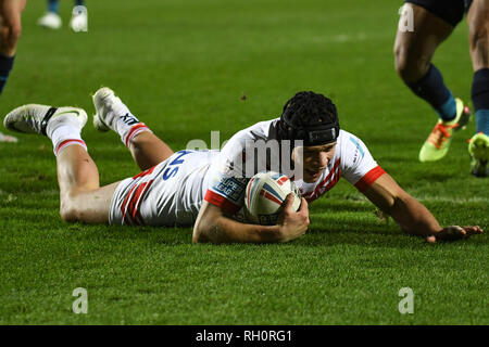 St Helens, Royaume-Uni. 31 janvier 2019 , TOTALEMENT méchants, stade St Helens, Angleterre ; Betfred Super League, ronde 1, St Helens vs Wigan Warriors, Jonny Lomax de St Helens marque le 2e Saints essayer Crédit : Nouvelles Images /Alamy Live News Banque D'Images