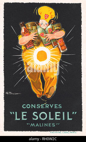 Carte postale publicitaire français pour Le Soleil conserves. Banque D'Images