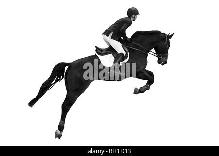 Sport équestre cavalier au saut à cheval noir-blanc Banque D'Images