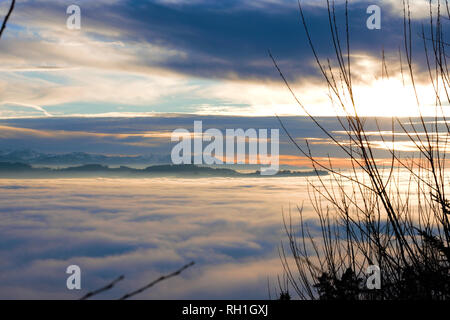 Vue du Bantiger près de Berne. Bâtonnets de Gurten hors de la mer de brouillard. Panorama alpin suisse en arrière-plan. Banque D'Images