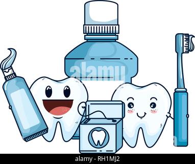 Les dents de la bande dessinée avec quelques équipements d'hygiène buccale Illustration de Vecteur