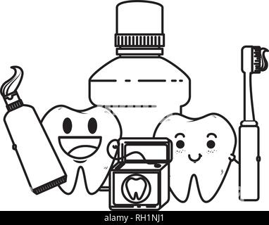 Les dents de la bande dessinée avec quelques équipements d'hygiène buccale Illustration de Vecteur
