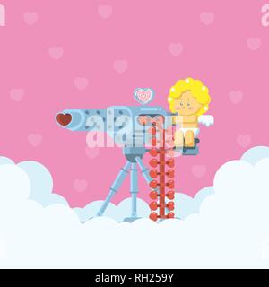 Cupid visant une arme lourde avec flèche en forme de coeur sur les balles de nuages avec hearts dans télévision cartoon style Illustration de Vecteur