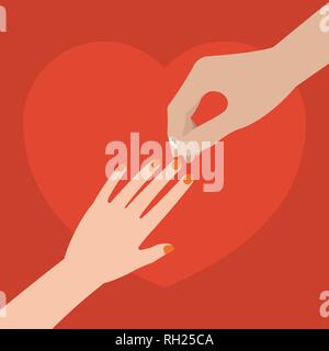 Mettre la main mâle anneau de mariage sur femme main sur coeur rouge en fond style plat Illustration de Vecteur