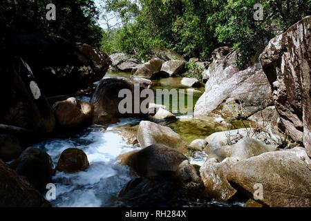 Flux d'eau vive en cascade avec de l'eau vert émeraude, Finch Hatton, Queensland 4756, Australie Banque D'Images