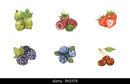 Aquarelle d'été dessinés à la main, berry situé sur fond blanc. Mélange de petits fruits colorés isolé illustration de fraise, framboise, groseille, bleu Banque D'Images