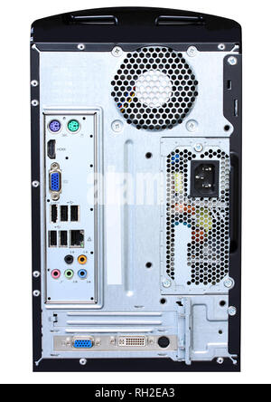 Cpu de l'ordinateur de bord connecteur arrière montrant les ports, alimentation et ventilateur. Isolé sur fond blanc Banque D'Images