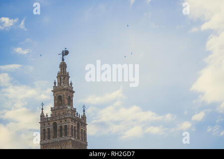 La Giralda est le nom donné à la tour de la cloche de la cathédrale de Santa Maria de la ville de Séville, en Andalousie, espagne. À son sommet est une boule appelée Banque D'Images