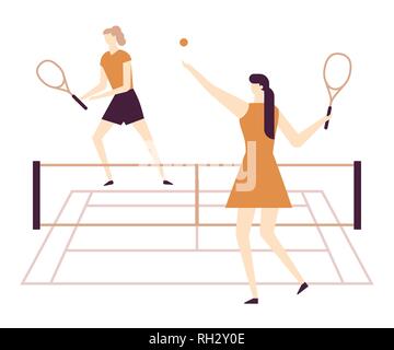 Les filles jouent au tennis - appartement style design illustration colorée Illustration de Vecteur