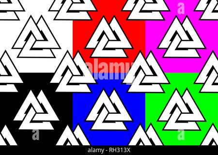 Valknut motif transparent, plus, trois triangles (noir, blanc, rouge, bleu, vert, violet), l'arrière-plan Illustration de Vecteur