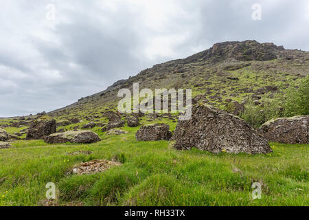 Pente de montagne verte sur l'Islande couverte par de l'herbe avec de gros rochers en premier plan. Banque D'Images