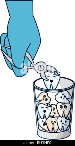 Les dents de la bande dessinée dans le verre avec la main à l'aide d'une pince Illustration de Vecteur