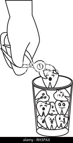 Les dents de la bande dessinée dans le verre avec la main à l'aide d'une pince Illustration de Vecteur