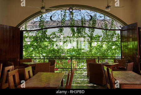 Grande fenêtre avec des feuilles vertes dans le restaurant vide Banque D'Images