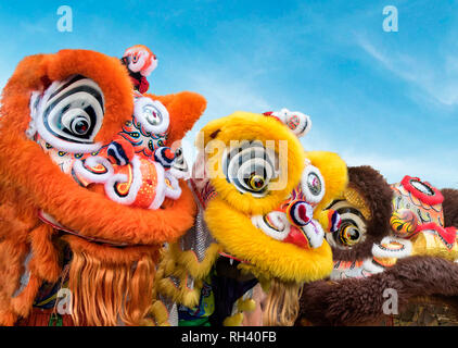 Groupe des costumes de danse du lion chinois close up Banque D'Images