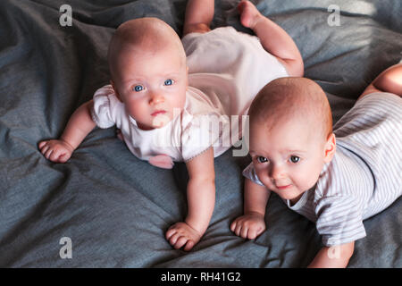 Deux adorables petits enfants un garçon et une fille jouent sur le lit sur un fond gris. Frère et soeur. Des jumeaux. Selective focus Banque D'Images