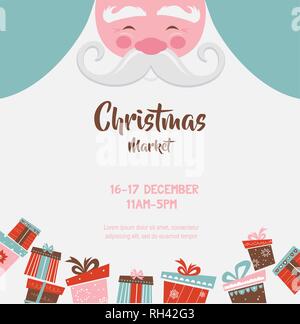 L'affiche du marché de Noël avec le père noël et cadeaux. vector illustration. carte avec une place pour votre texte. Illustration de Vecteur