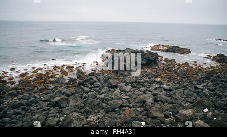 La roche volcanique plages sur la côte de l'île de Jeju, zone de Seogwipo Banque D'Images