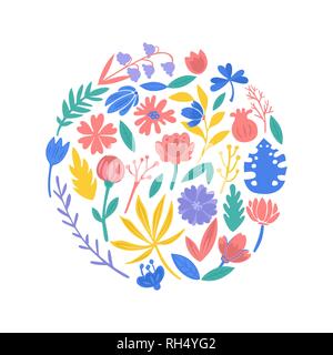 Ensemble d'éléments floraux recueillis en cercle. Jolie composition florale. Collection de fleurs colorées avec des fleurs et des feuilles. Illustration de Vecteur